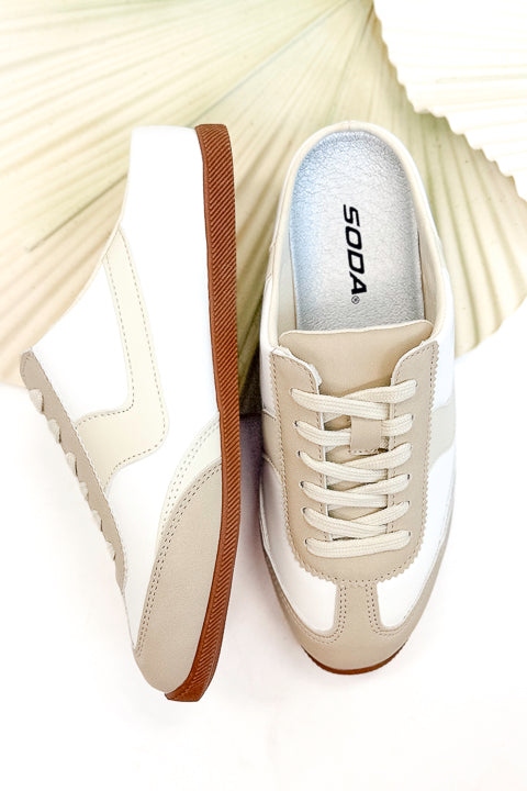 Mackay- White &amp; Beige Slip On Sneakers top view against white background.
