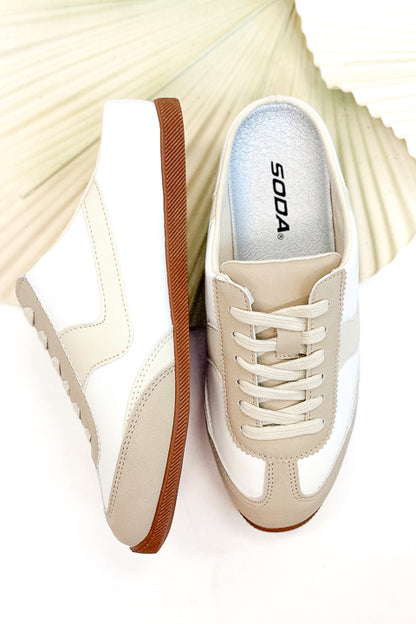 Mackay- White &amp; Beige Slip On Sneakers top view against white background.