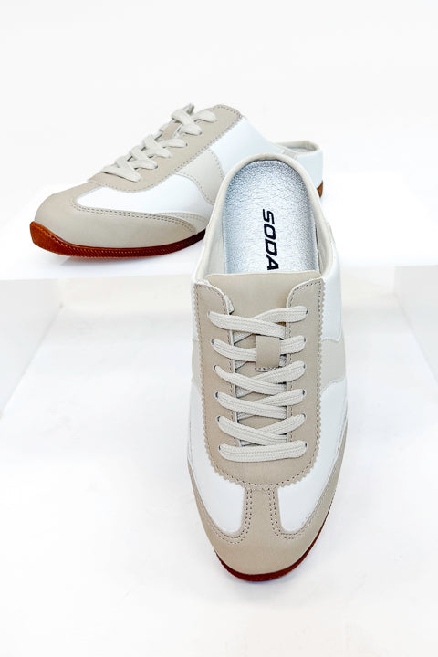 Mackay- White &amp; Beige Slip On Sneakers front view against white background.