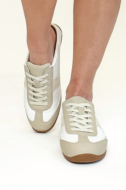Mackay- White &amp; Beige Slip On Sneakers front view against white background.