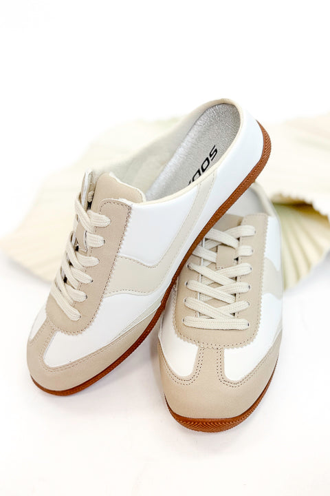Mackay- White &amp; Beige Slip On Sneakers side view against white background.