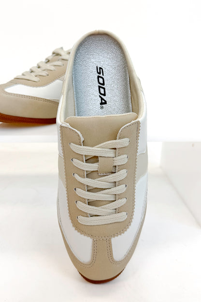 Mackay- White &amp; Beige Slip On Sneakers front view against white background.