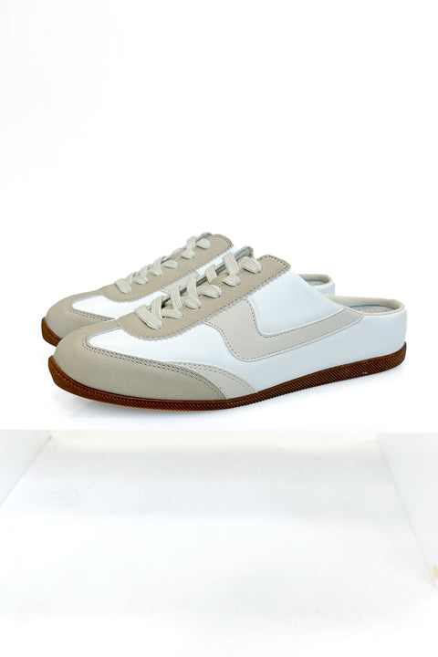 Mackay- White &amp; Beige Slip On Sneakers side view against white background.