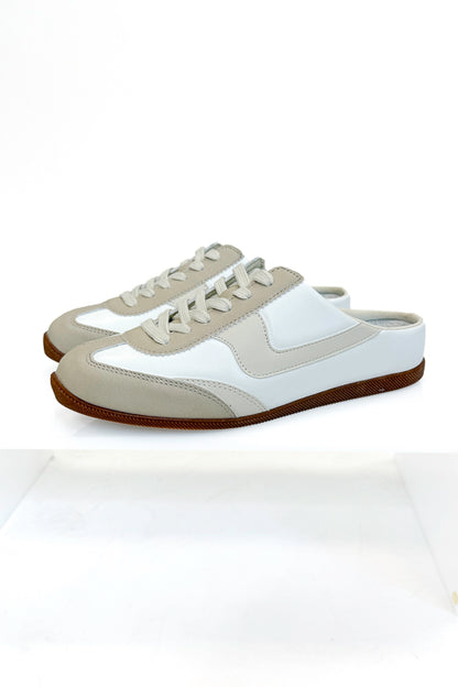Mackay- White &amp; Beige Slip On Sneakers side view against white background.
