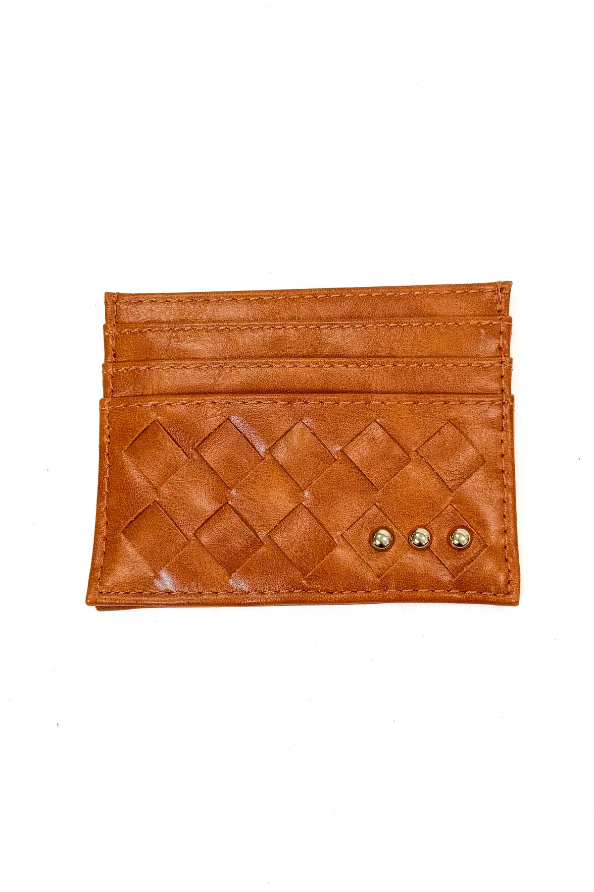 A small tan leather card holder wallet with a woven diamond pattern on the front, three card slots, and two small gold-tone studs on the right side, shown on a plain white background.