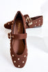Mayhap- Brown Studded Flats against white background.
