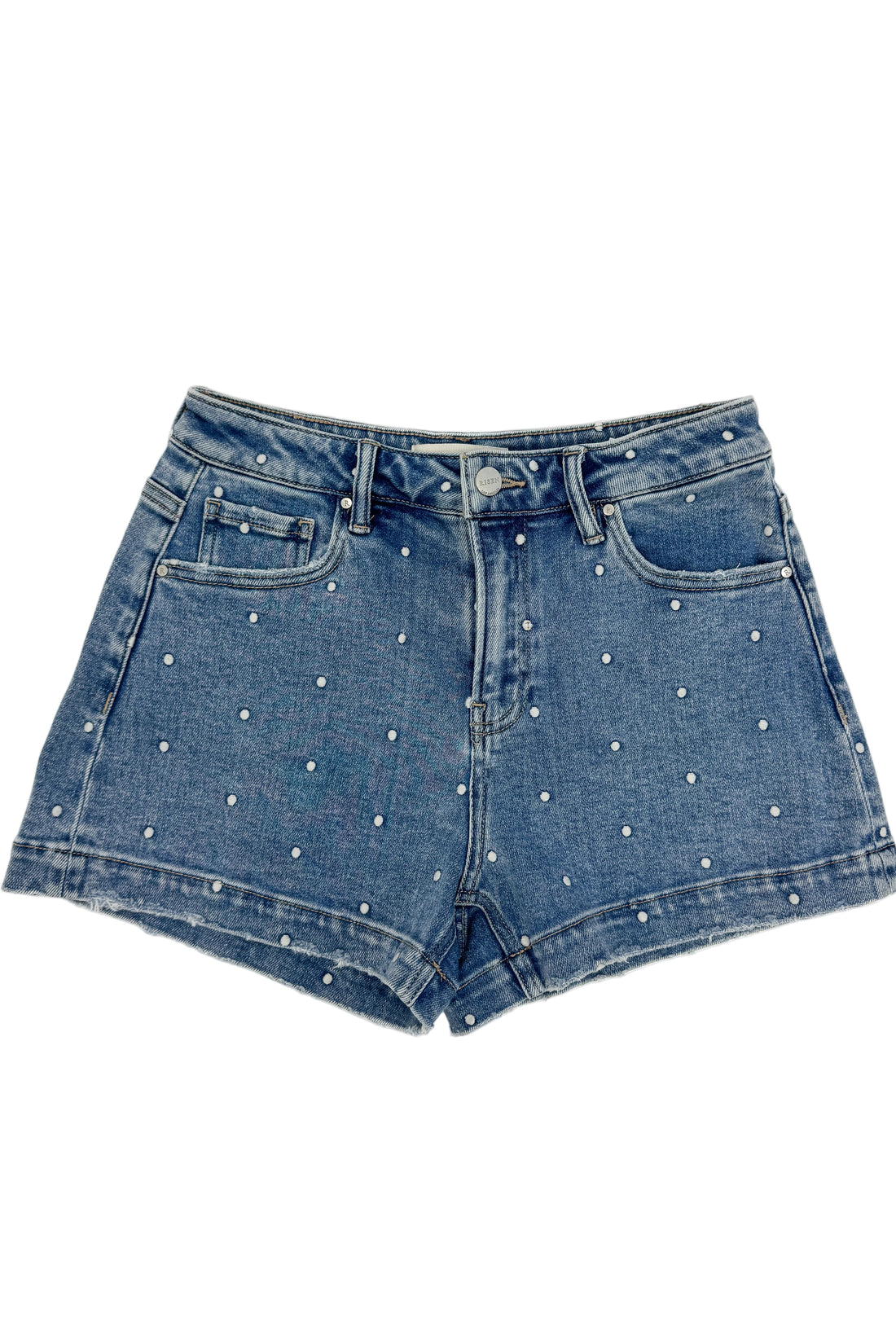 Swagger Boutique’s Medium Wash Polka Dot Denim Shorts against white studio background.