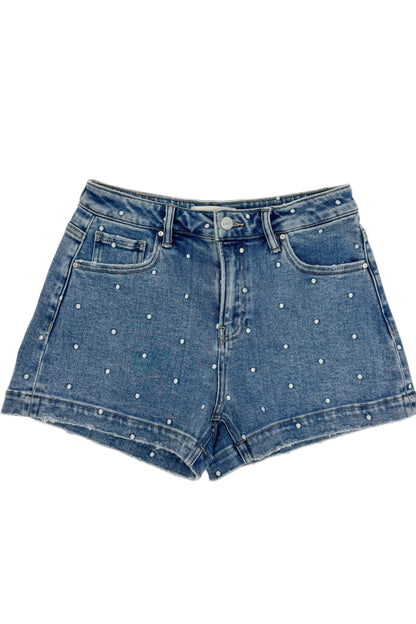 Swagger Boutique’s Medium Wash Polka Dot Denim Shorts against white studio background.