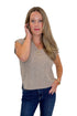 Front view of woman wearing Swagger Boutique’s Mocha Cable Knit V-neck Sweat Vest with jeans against white studio background.