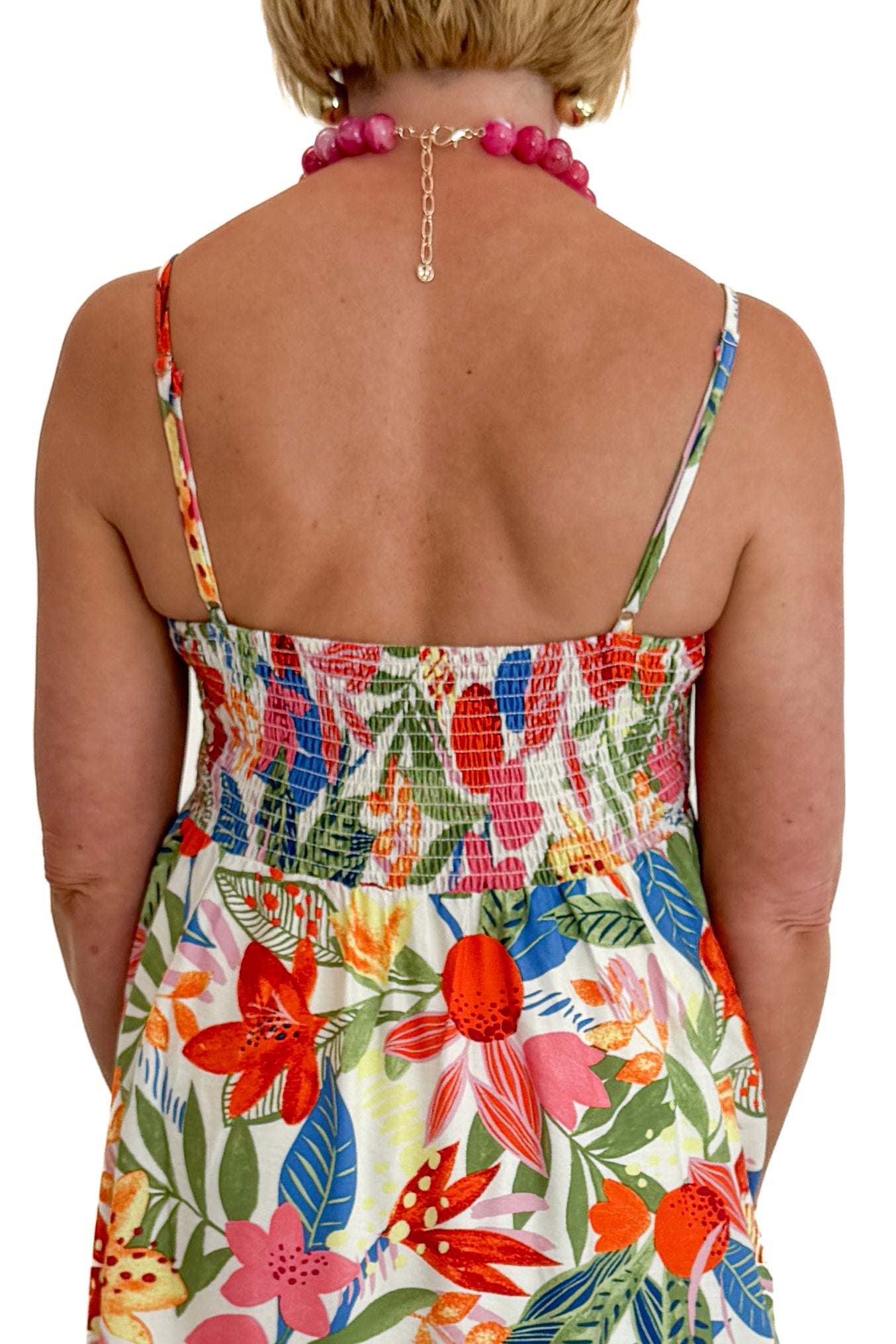 Back detail view of woman wearing Swagger Boutique’s Multi Floral Midi Dress against white studio background.