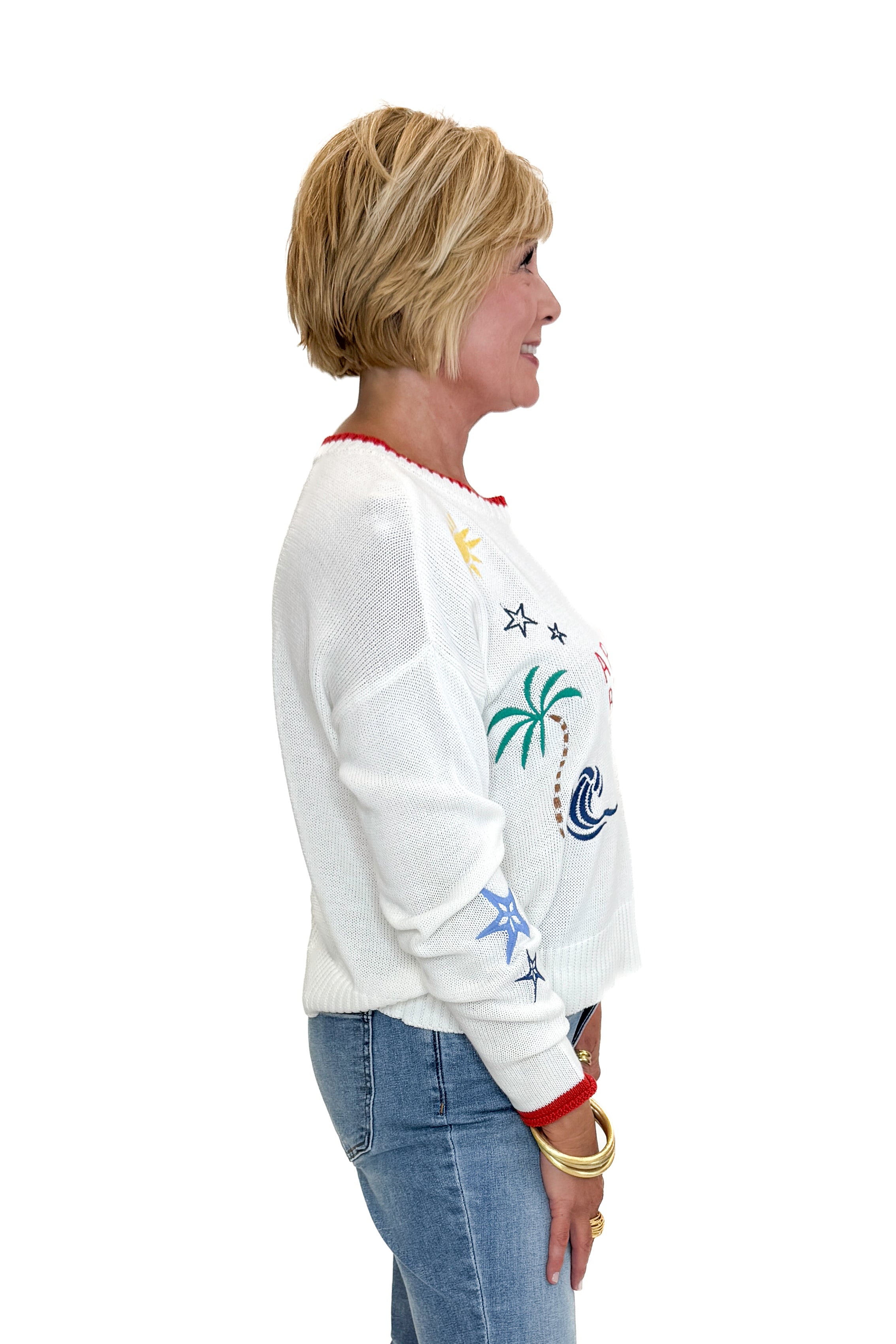 Side view of woman wearing Swagger Boutique’s Multi Seas The Day Sienna Sweater by Z Supply with jeans against white studio background.