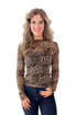 Front view of woman wearing Leopard Mesh Top with jeans against white studio background.