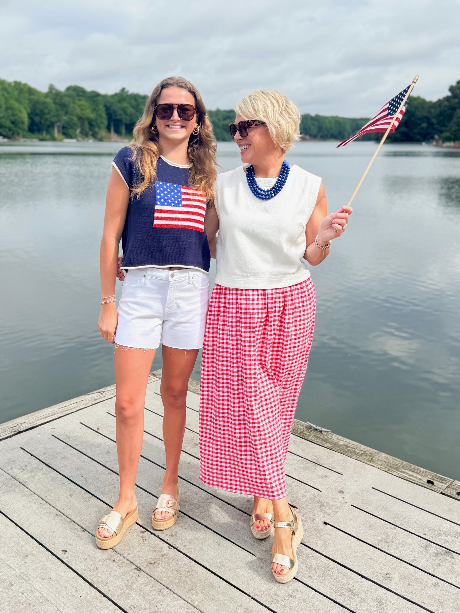 Right On Cue Navy Flag Short Sleeve Sweater