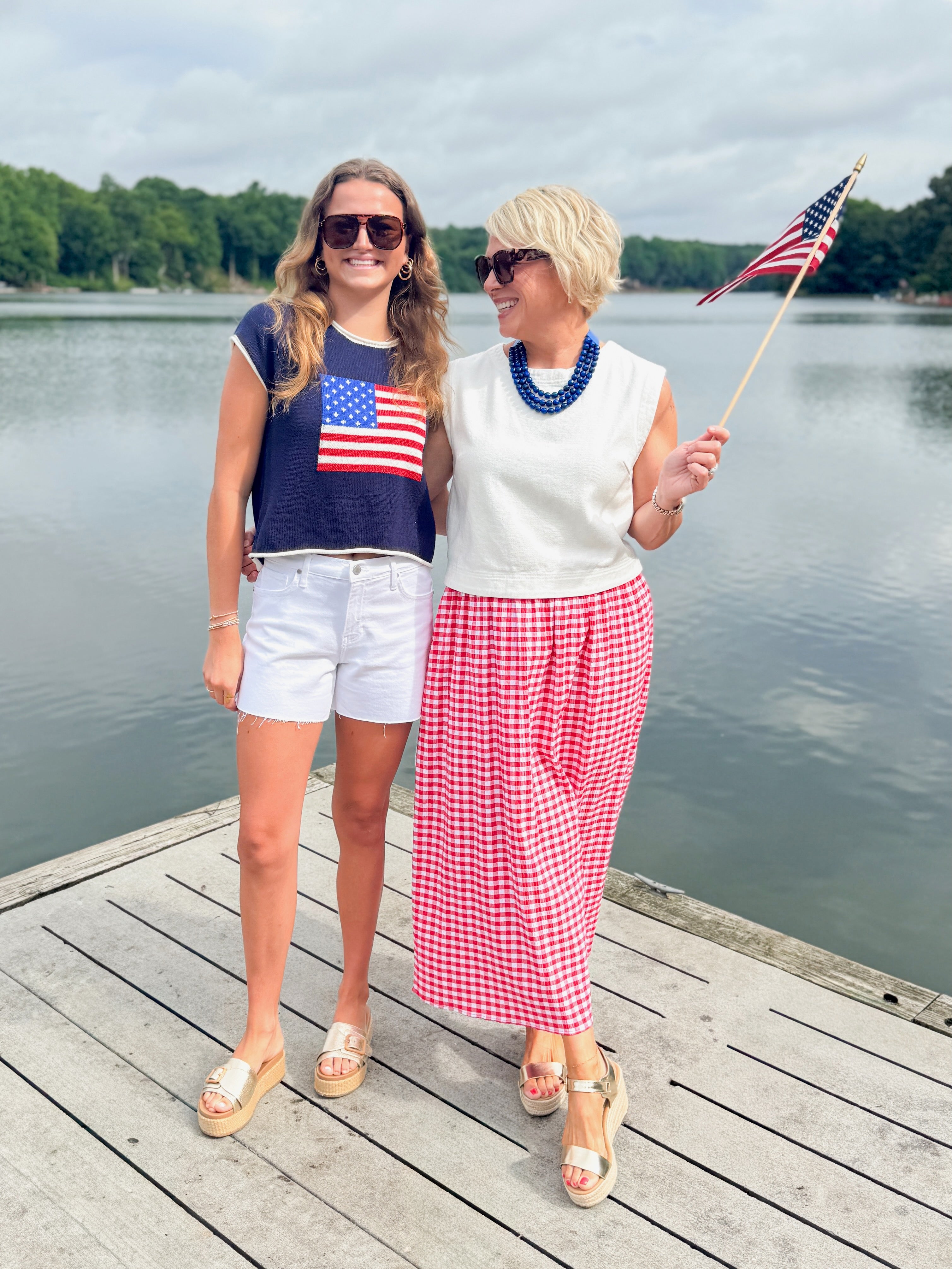 Right On Cue Navy Flag Short Sleeve Sweater