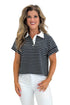 Front view of woman wearing Swagger Boutique’s Navy Striped Collared Top by Entro with jeans against white studio background.