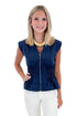Front view of woman wearing Swagger Boutique’s Navy Striped Peplum Tank with jeans against white studio background.