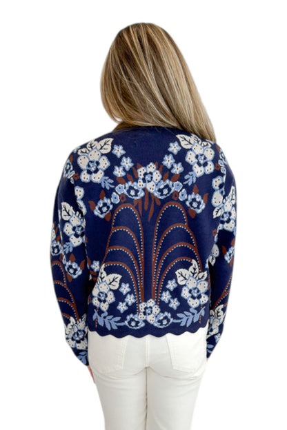 Back view of woman wearing Swagger Boutique’s Navy &amp; Brown Printed Sweater by THML with jeans against white studio background.