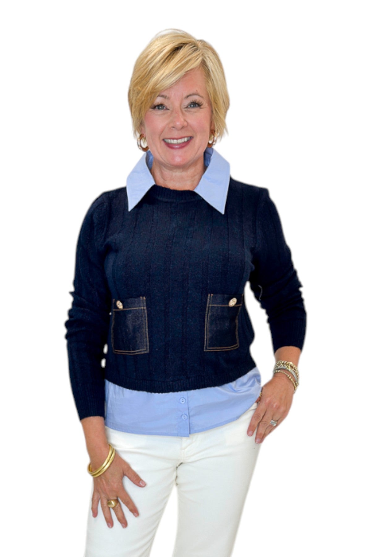 Front view of woman wearing Swagger Boutique’s Navy &amp; Denim Pocket Sweater with jeans against white studio background.