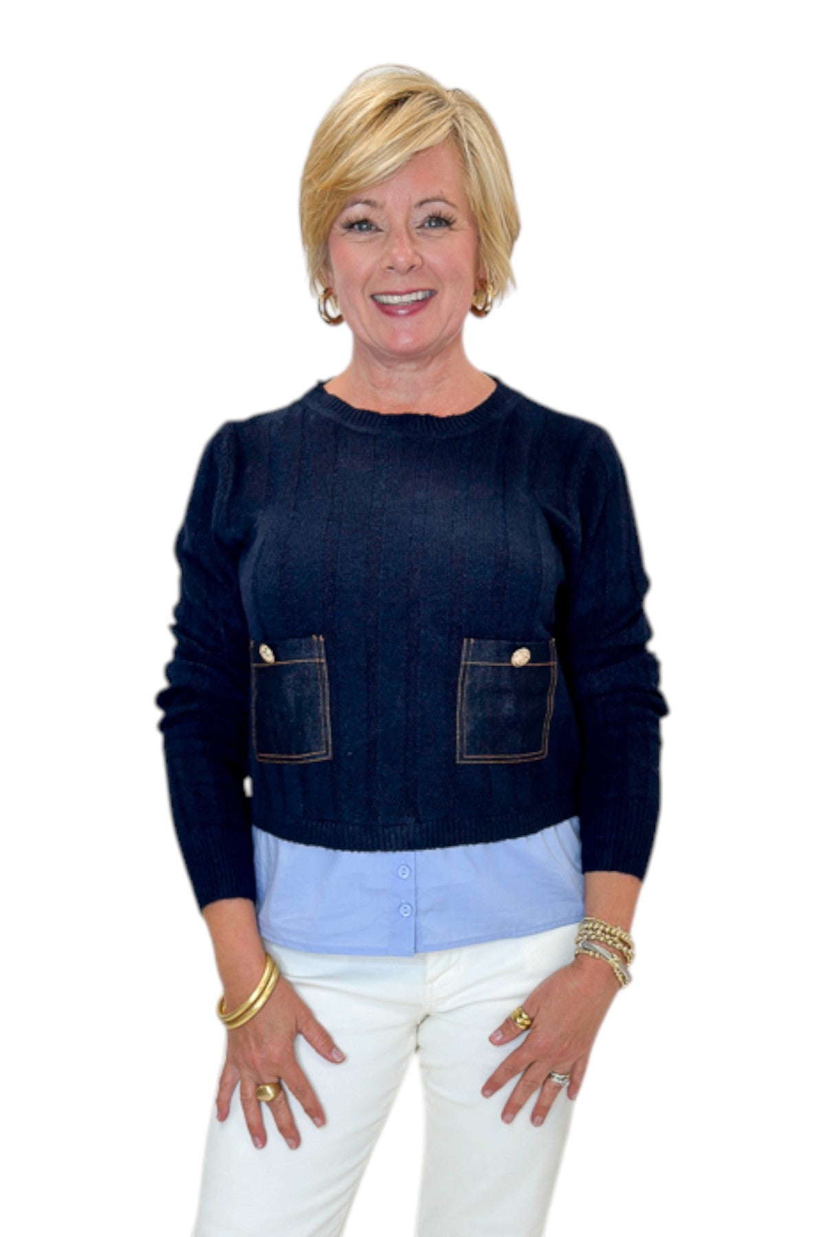 Front view of woman wearing Swagger Boutique’s Navy &amp; Denim Pocket Sweater with jeans against white studio background.