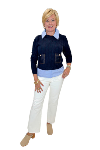 Front view of woman wearing Swagger Boutique’s Navy &amp; Denim Pocket Sweater with jeans against white studio background.