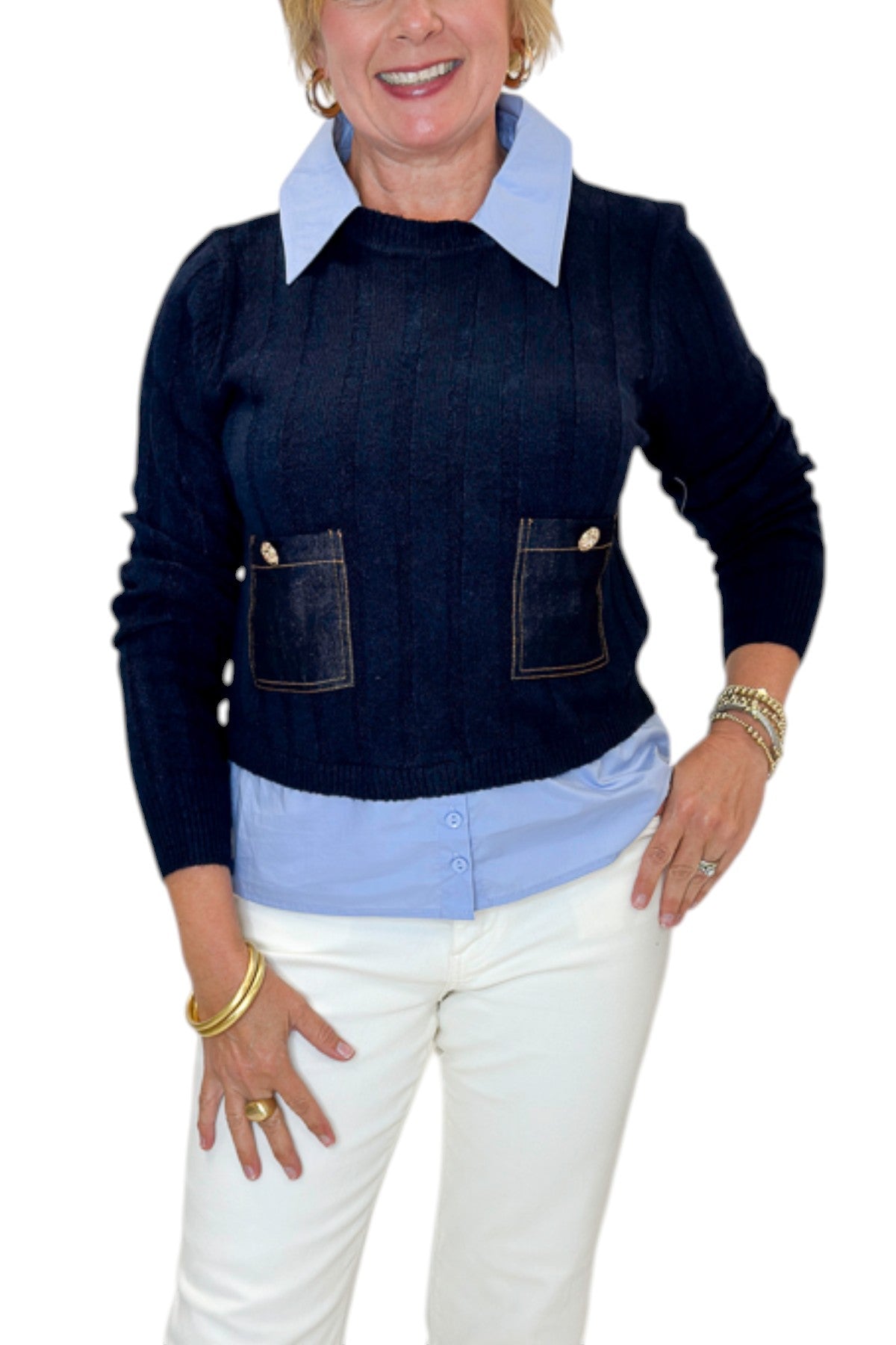 Front detail view of woman wearing Swagger Boutique’s Navy &amp; Denim Pocket Sweater with jeans against white studio background.