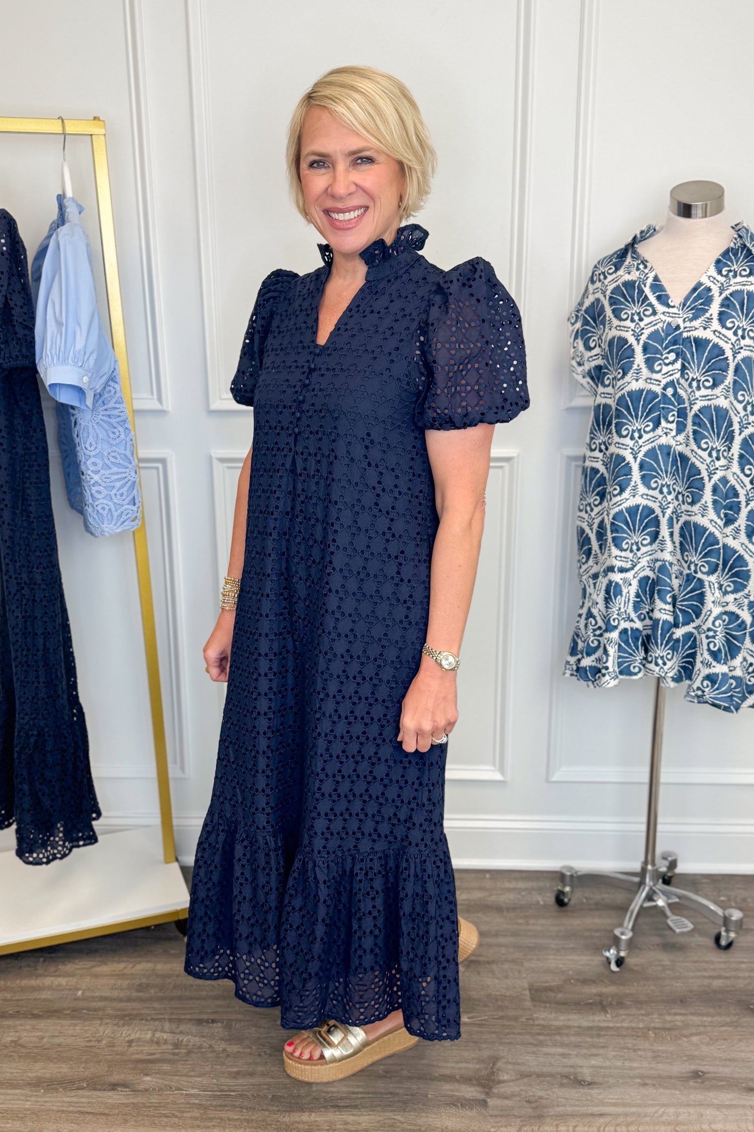 My Side Of The Story Navy Eyelet Midi Dress by Entro Large