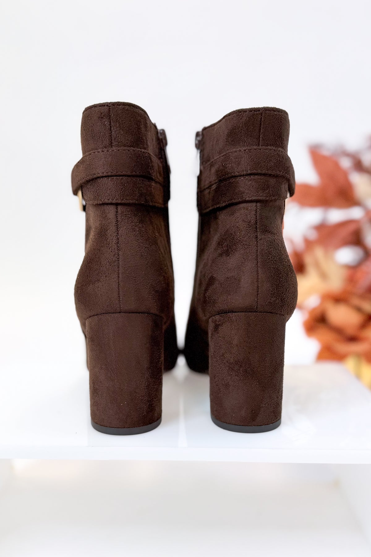 Novella- Brown Suede Buckle Booties against white studio background back view.