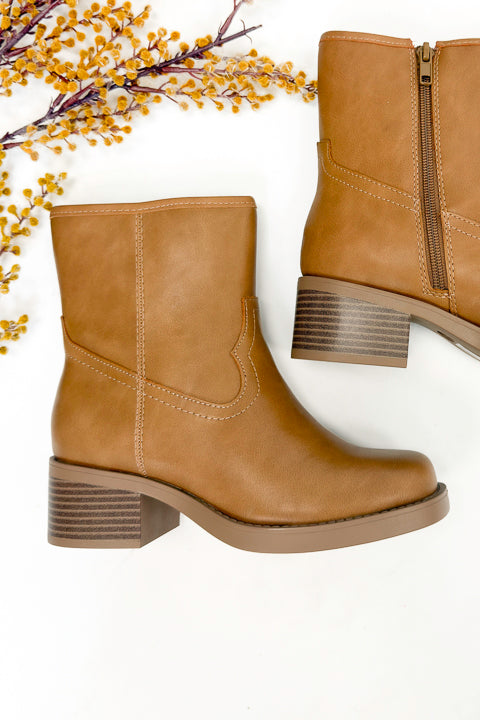 Oberon- Natural Booties side view against white studio background.
