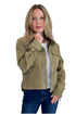 Front view of woman wearing Swagger Boutique’s Olive Barn Jacket With Corduroy Collar with jeans against white studio background.