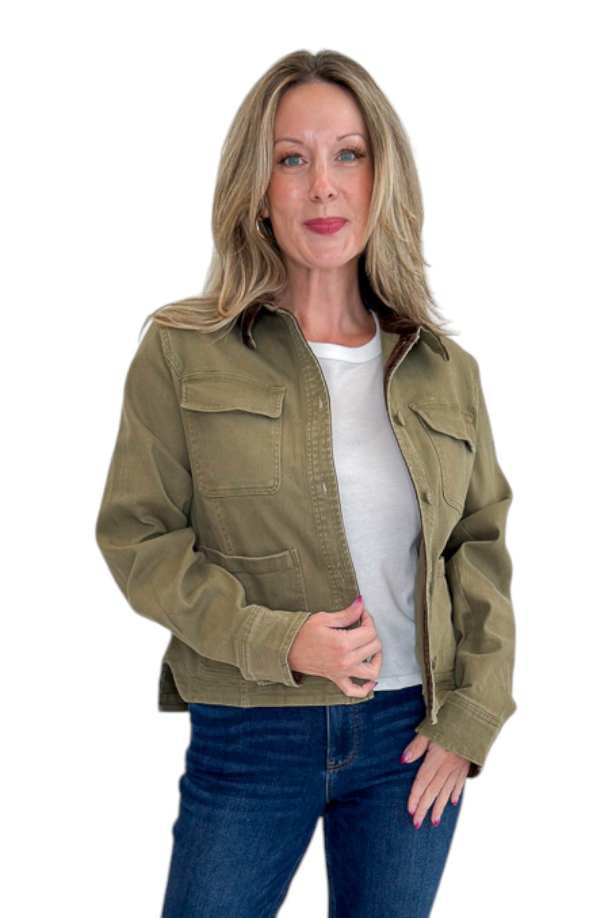 Front view of woman wearing Swagger Boutique’s Olive Barn Jacket With Corduroy Collar with jeans against white studio background.