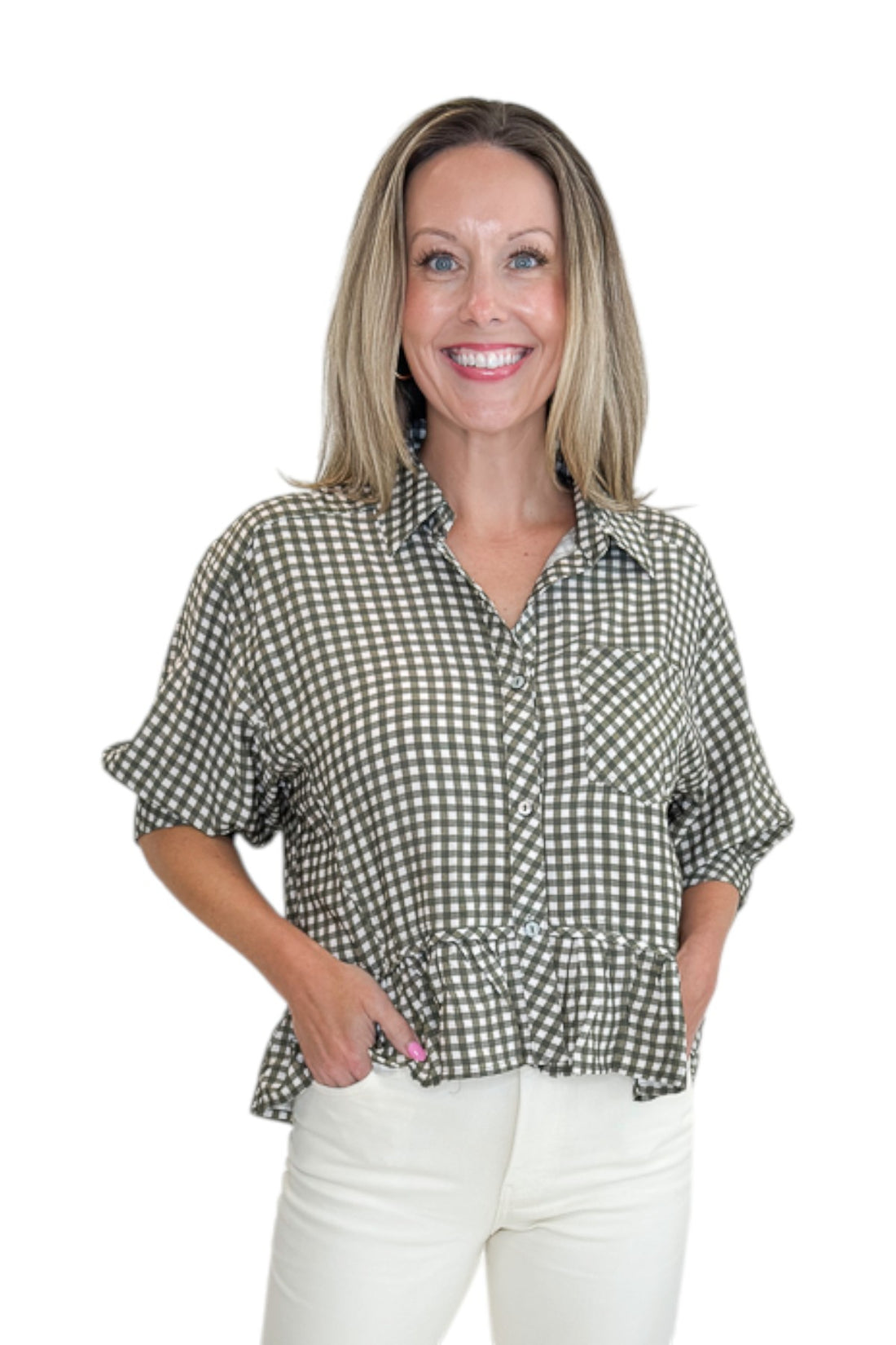 Front view of woman wearing Swagger Boutique’s Olive Gingham Peplum Top by Entro with jeans against white studio background.
