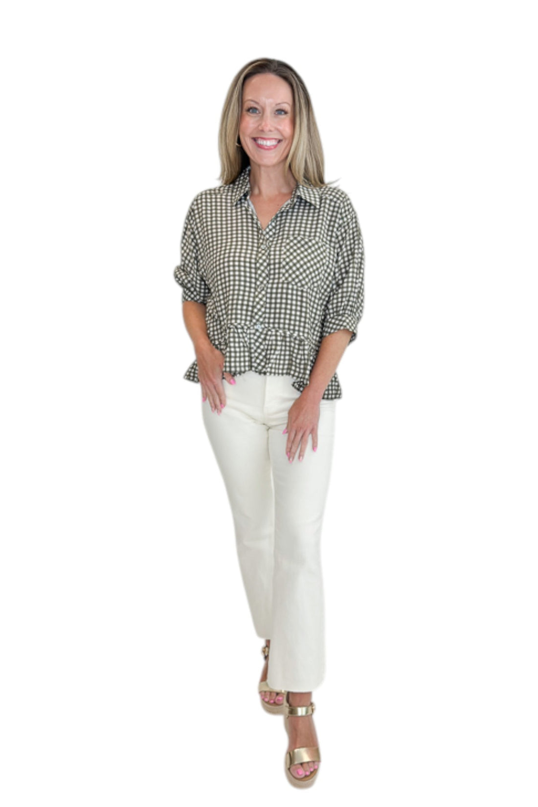 Front view of woman wearing Swagger Boutique’s Olive Gingham Peplum Top by Entro with jeans against white studio background.