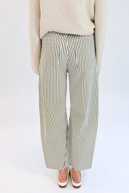 Back detail view of woman wearing Swagger Boutique’s top with Olive Striped Barrel Jeans by Just Black Denim against white studio background.