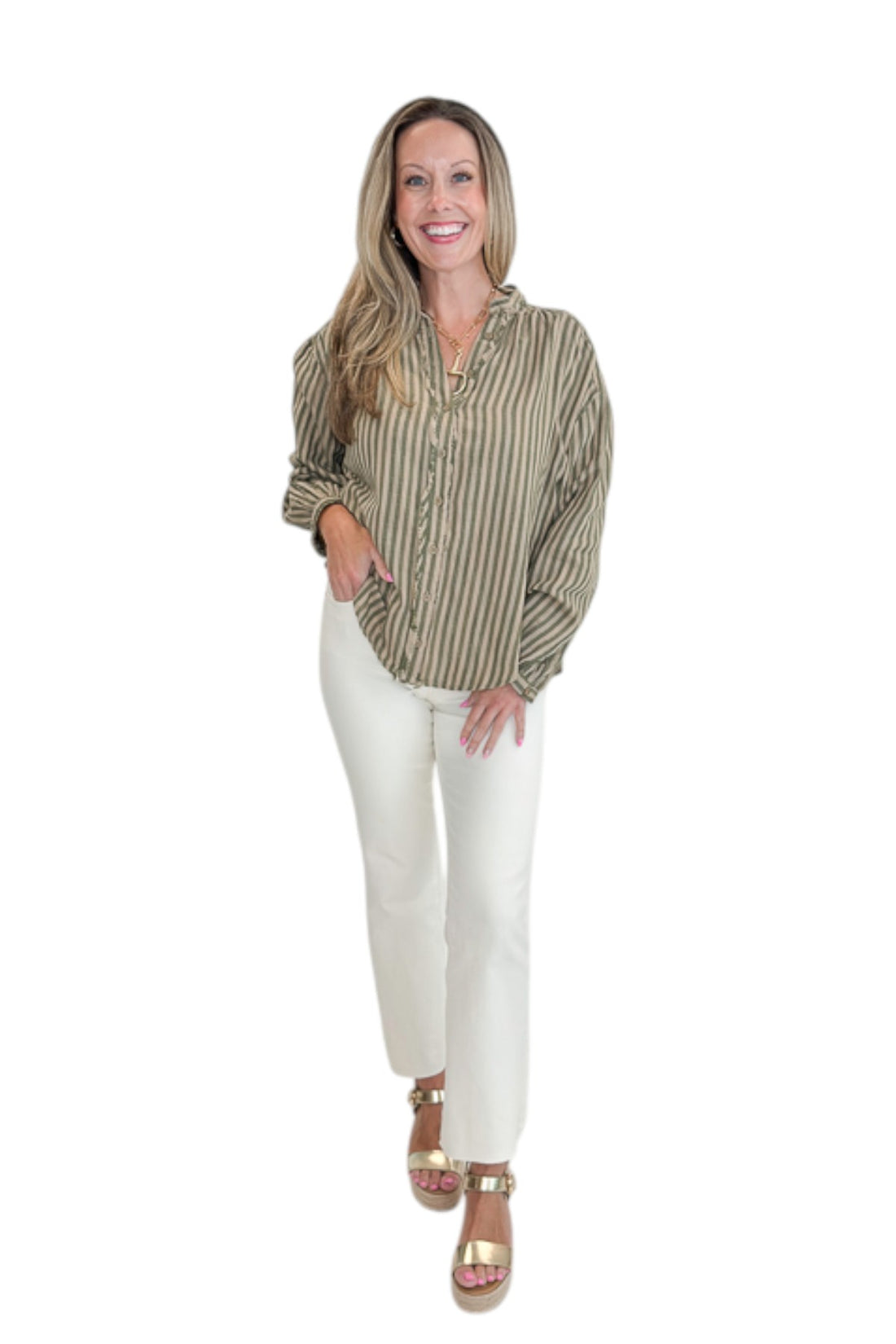 Front view of woman wearing Swagger Boutique’s Olive Striped Button Up Top with jeans against white studio background.