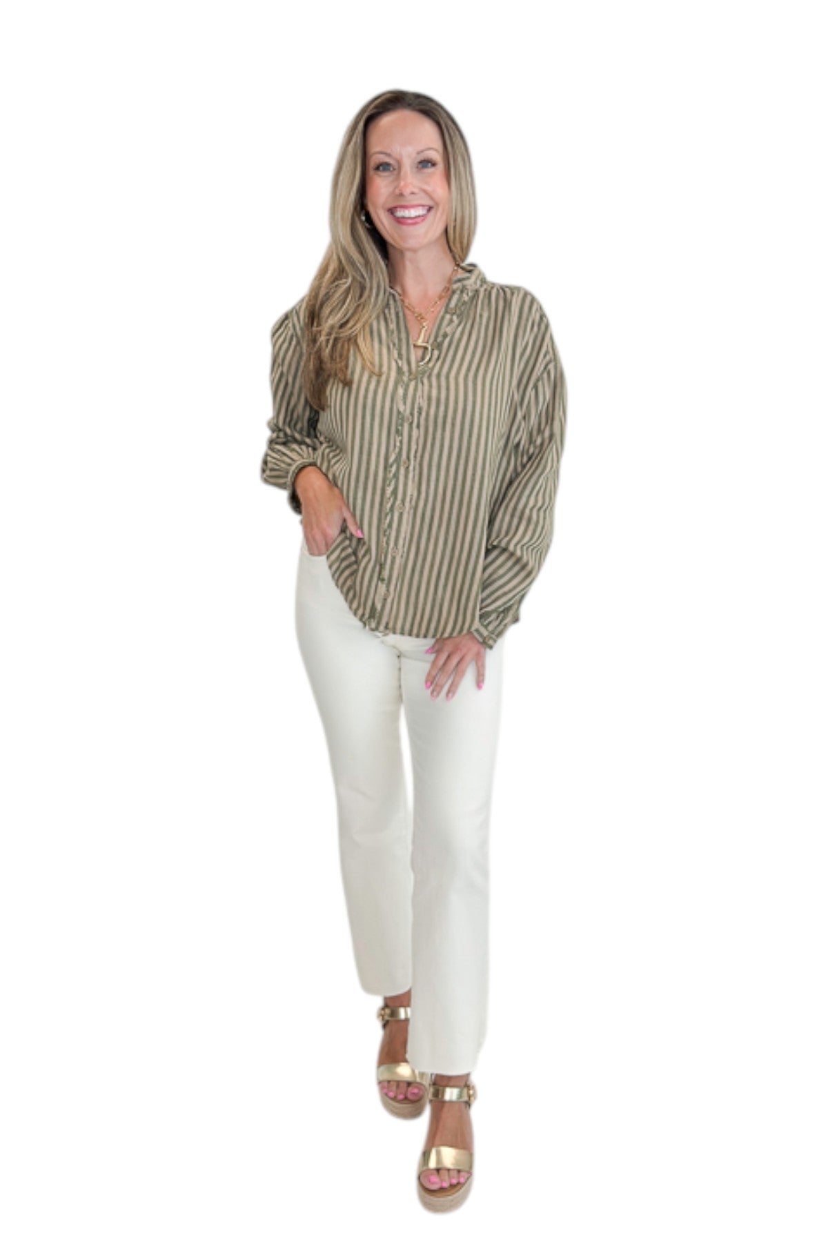 Front view of woman wearing Swagger Boutique’s Olive Striped Button Up Top with jeans against white studio background.