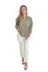 Front view of woman wearing Swagger Boutique’s Olive Striped Button Up Top with jeans against white studio background.