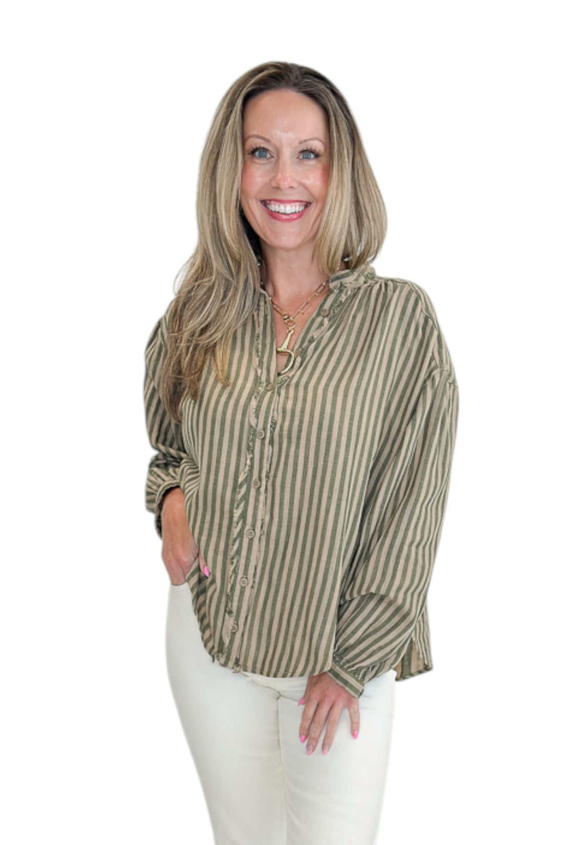 Front view of woman wearing Swagger Boutique’s Olive Striped Button Up Top with jeans against white studio background.