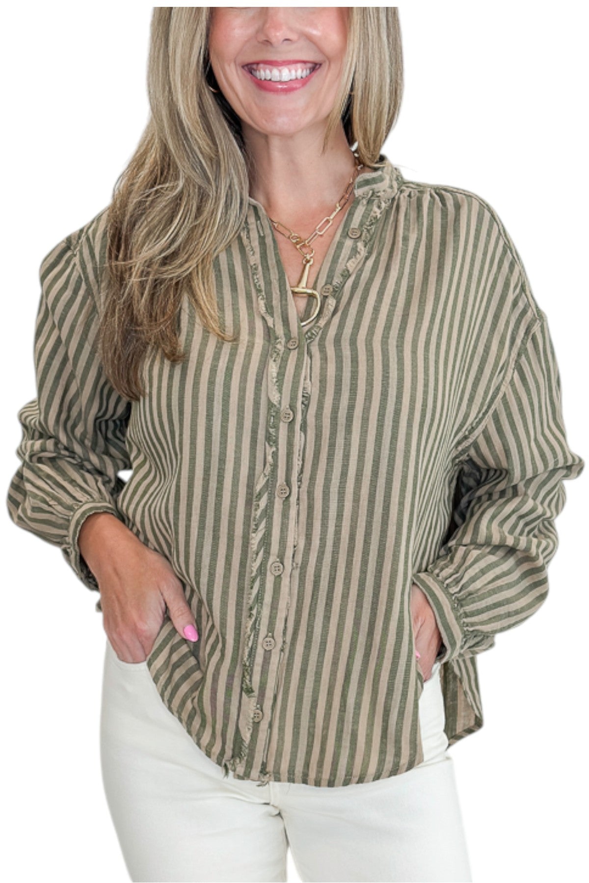 Front detail view of woman wearing Swagger Boutique’s Olive Striped Button Up Top with jeans against white studio background.