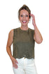 Front view of woman wearing Swagger Boutique’s Olive Suede Stud Tank with Kelsey Ecru Jeans against white studio background.