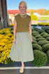 Front view of woman wearing Swagger Boutique’s Olive & Blue Striped Midi Skirt with Olive Sleeveless Sweater at a garden center.