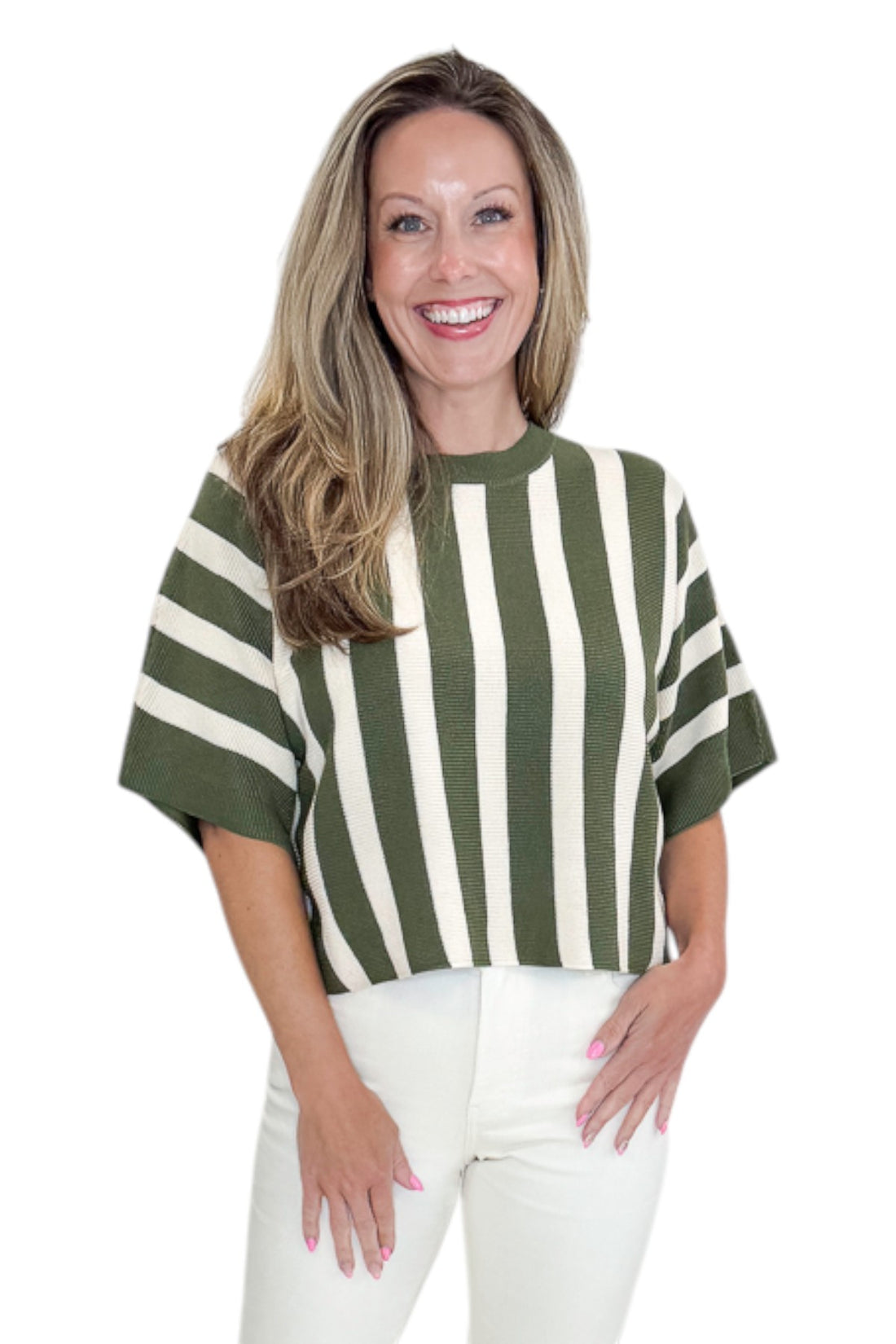 Front view of woman wearing Swagger Boutique’s Olive &amp; Cream Striped Short Sleeve Sweater by Entro with jeans against white studio background.
