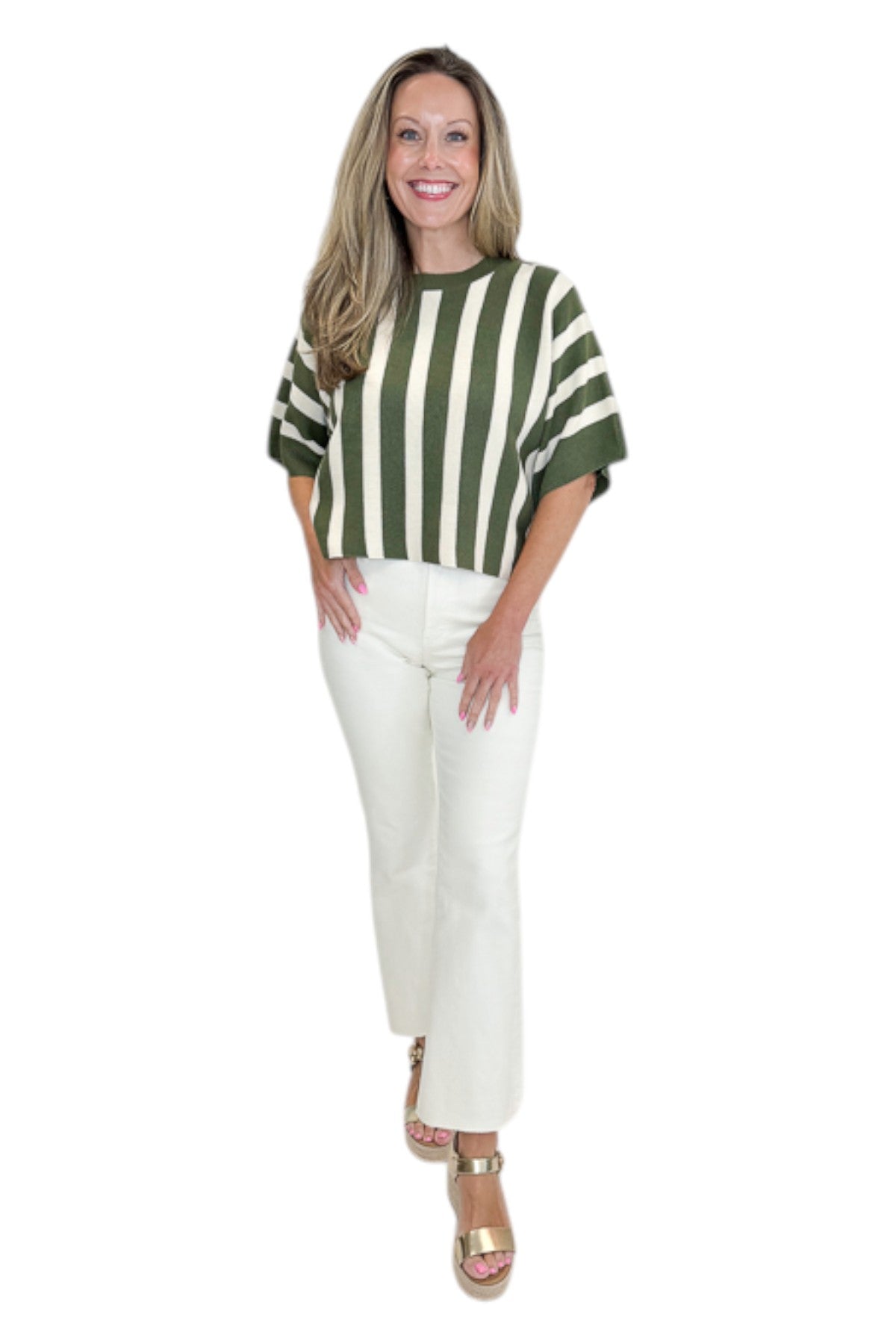 Front view of woman wearing Swagger Boutique’s Olive &amp; Cream Striped Short Sleeve Sweater by Entro with jeans against white studio background.
