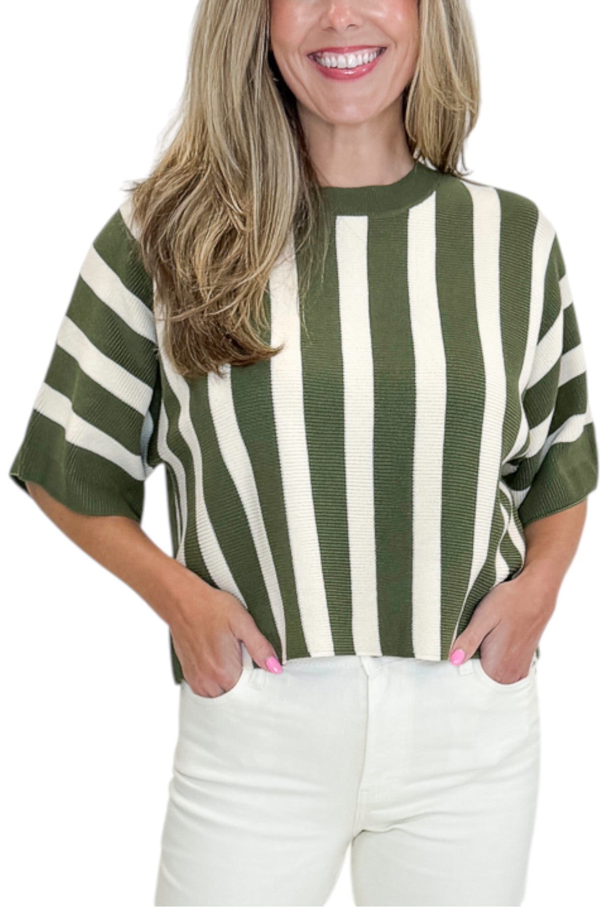 Front detail view of woman wearing Swagger Boutique’s Olive &amp; Cream Striped Short Sleeve Sweater by Entro with jeans against white studio background.