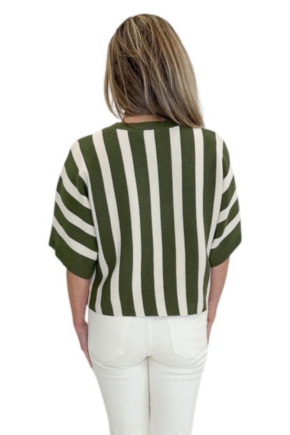 Back view of woman wearing Swagger Boutique’s Olive &amp; Cream Striped Short Sleeve Sweater by Entro with jeans against white studio background.