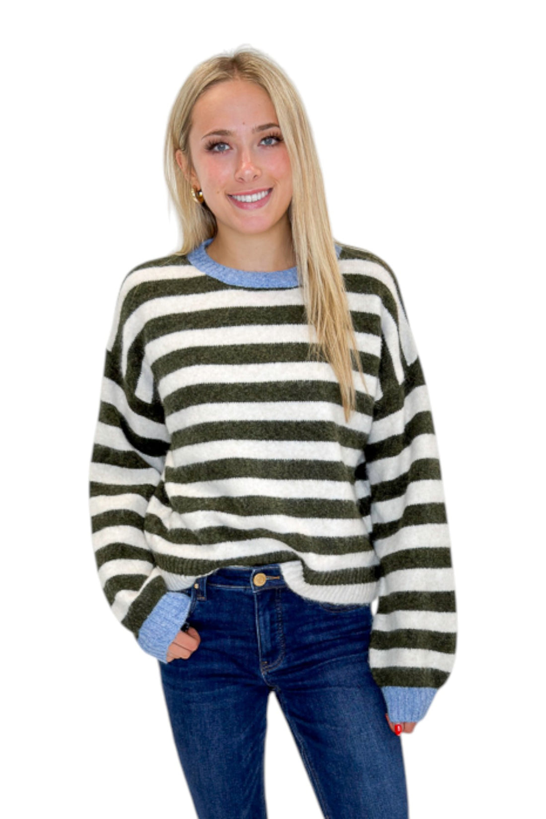 Front view of woman wearing Swagger Boutique’s Olive &amp; Cream Striped Sweater by Entro with jeans against white studio background.