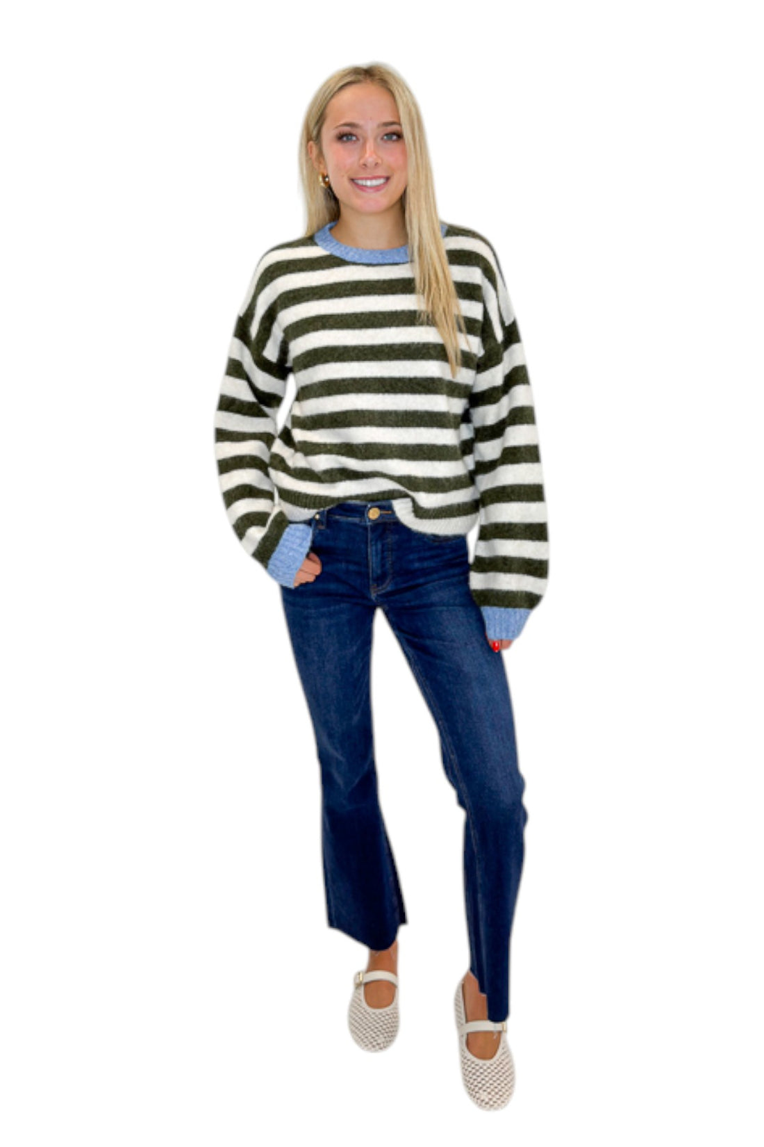 Front view of woman wearing Swagger Boutique’s Olive &amp; Cream Striped Sweater by Entro with jeans against white studio background.