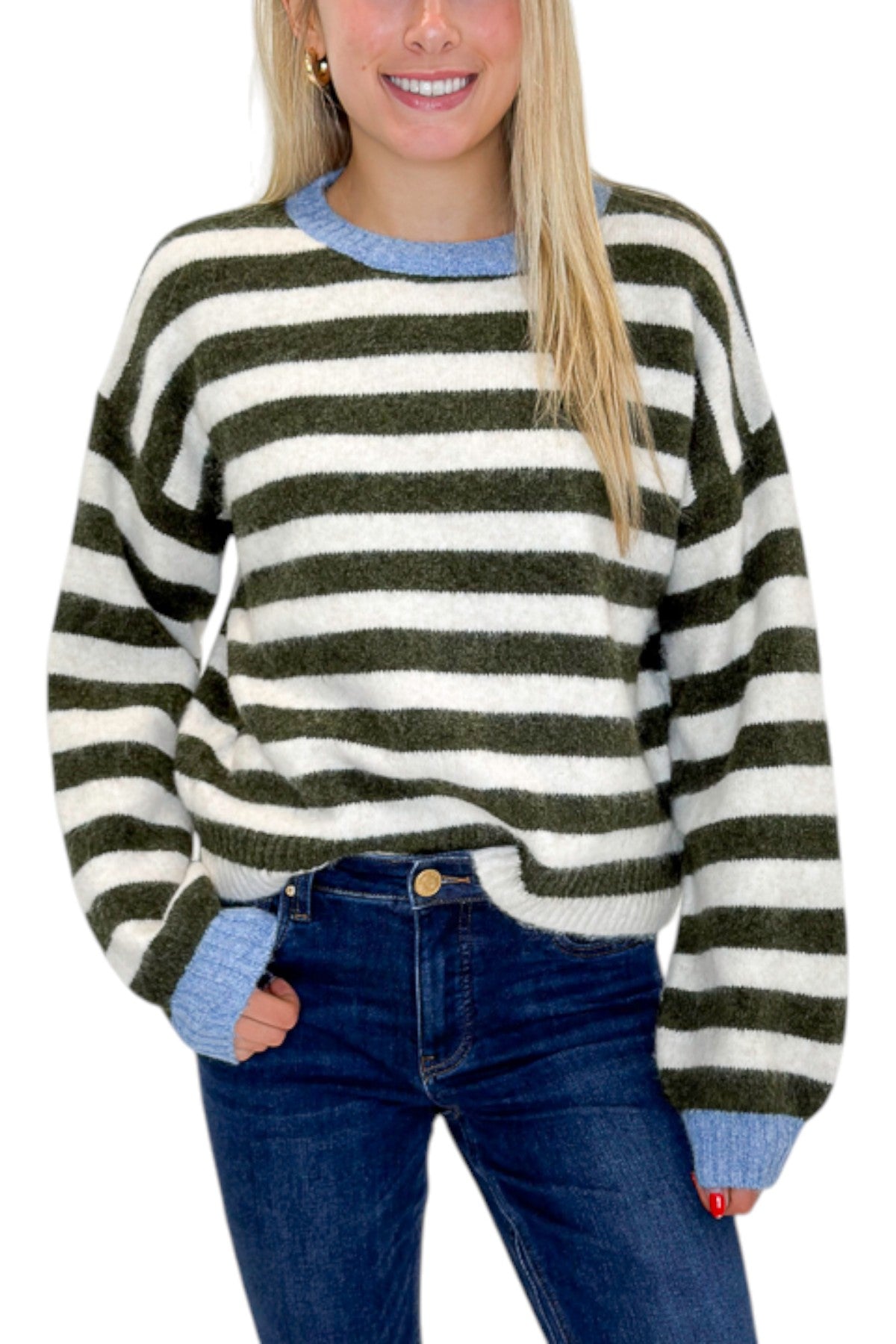 Front detail view of woman wearing Swagger Boutique’s Olive &amp; Cream Striped Sweater by Entro with jeans against white studio background.