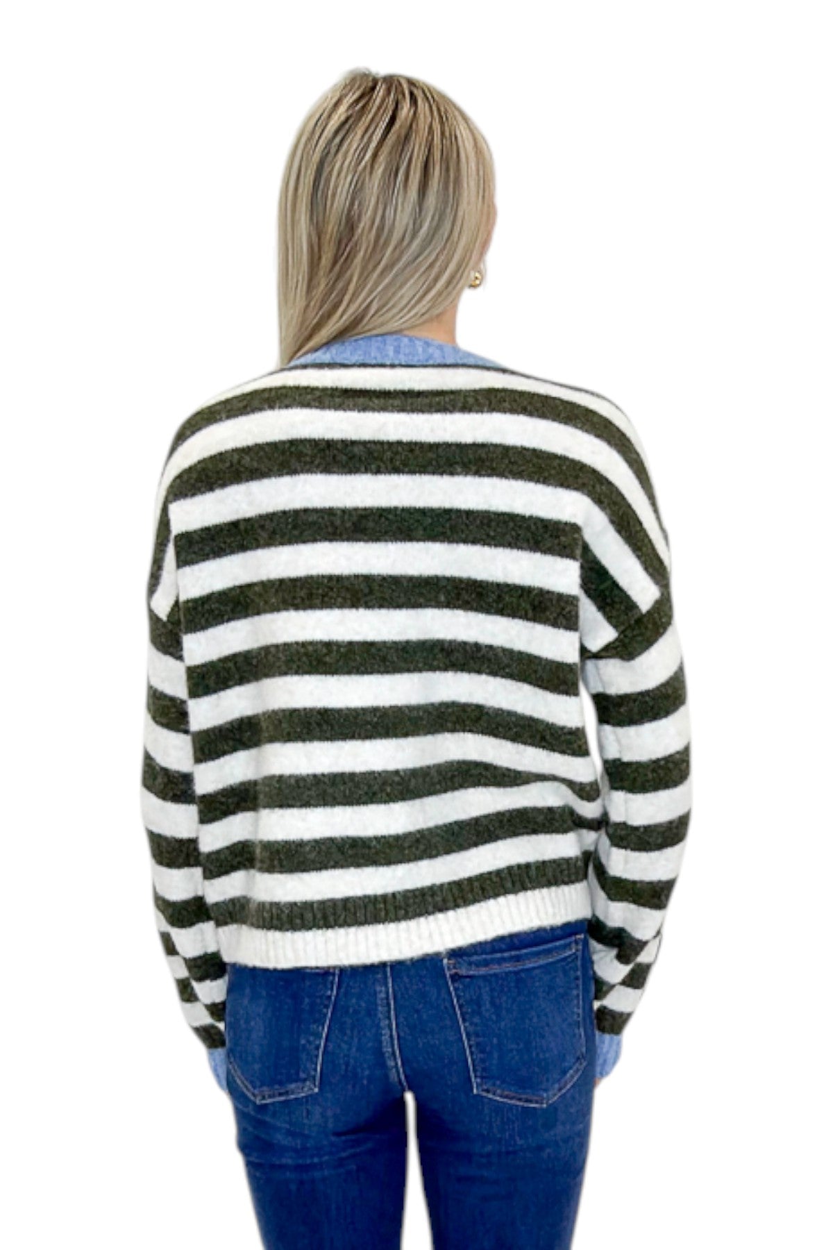Back view of woman wearing Swagger Boutique’s Olive &amp; Cream Striped Sweater by Entro with jeans against white studio background.