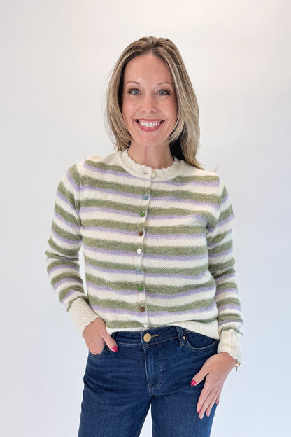 Front view of woman wearing Swagger Boutique’s Olive &amp; Lavendar Striped Button Up Cardigan with jeans against white studio background.