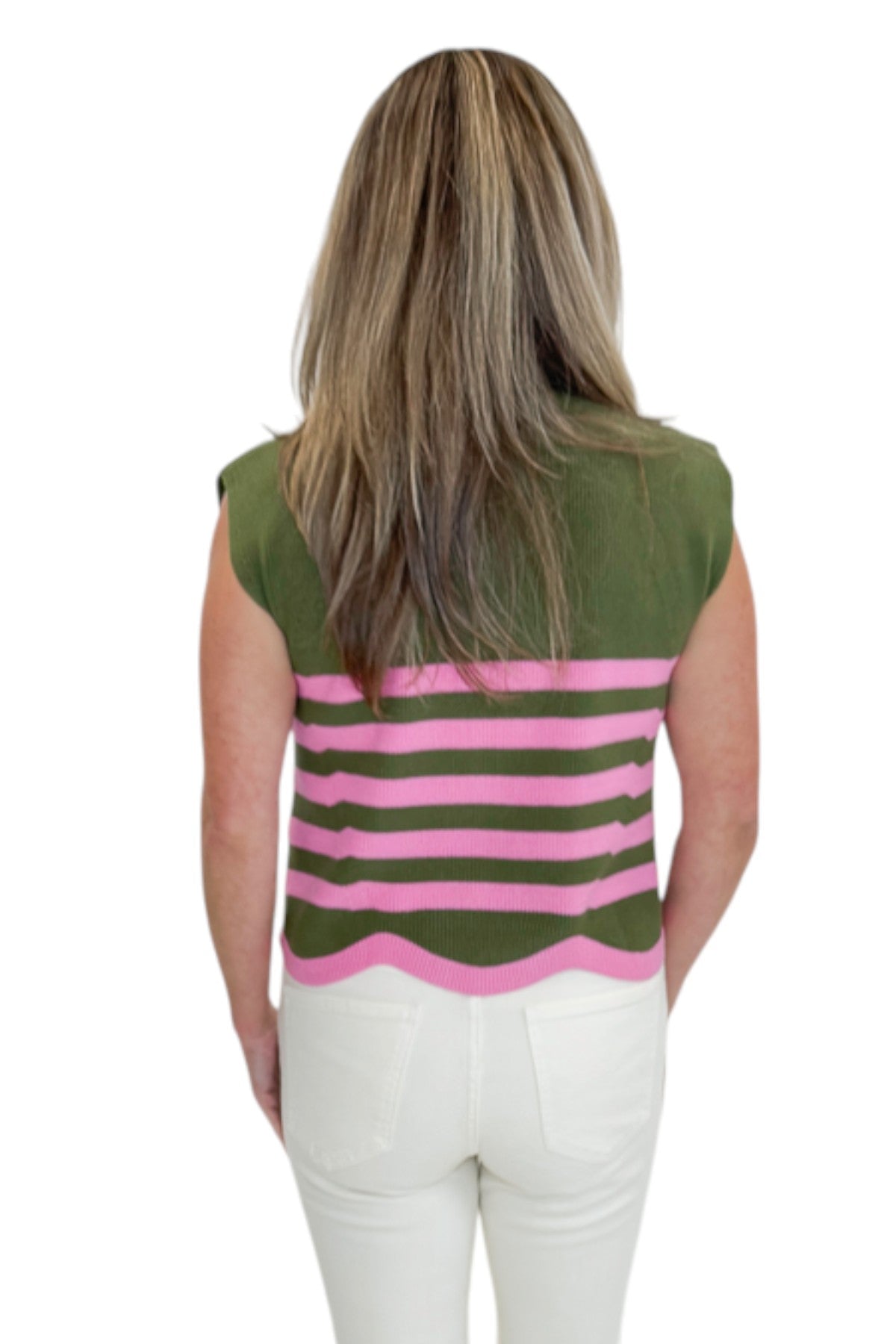 Back view of woman wearing Swagger Boutique’s Olive &amp; Pink Scallop Hem Sleeveless Sweater by Entro with jeans against white studio background.